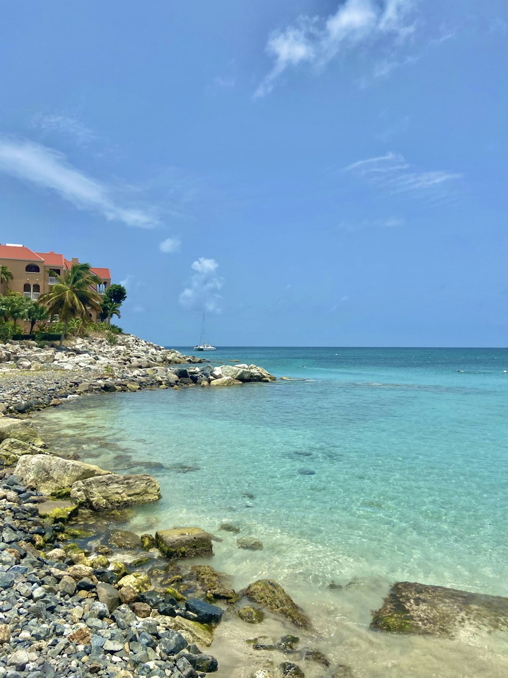 a view of a beach with a house in the background