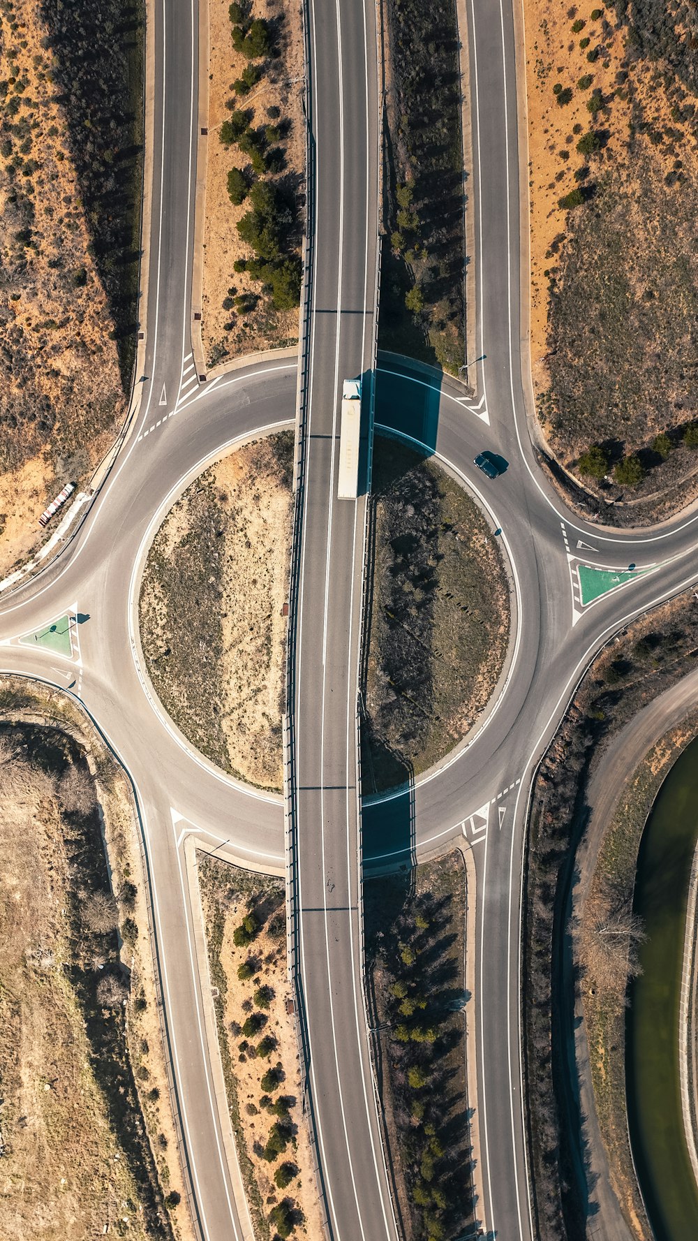 an aerial view of a highway intersection in the desert