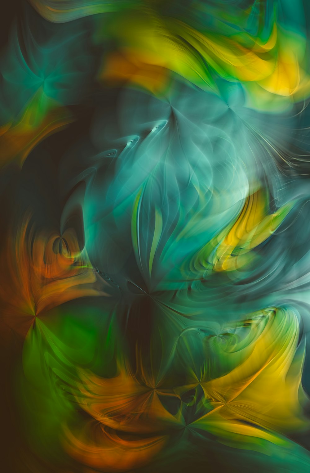 an abstract painting of green, yellow and orange colors