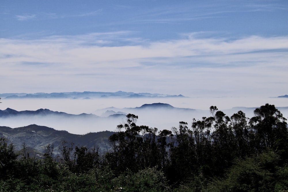 Una vista de una cadena montañosa cubierta de niebla