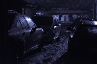 Several cars are parked in a dimly lit area behind a chain-link fence. The scene has a wet, reflective surface on the vehicles, indicating that it might have rained recently. The overall lighting is low, creating a moody atmosphere.