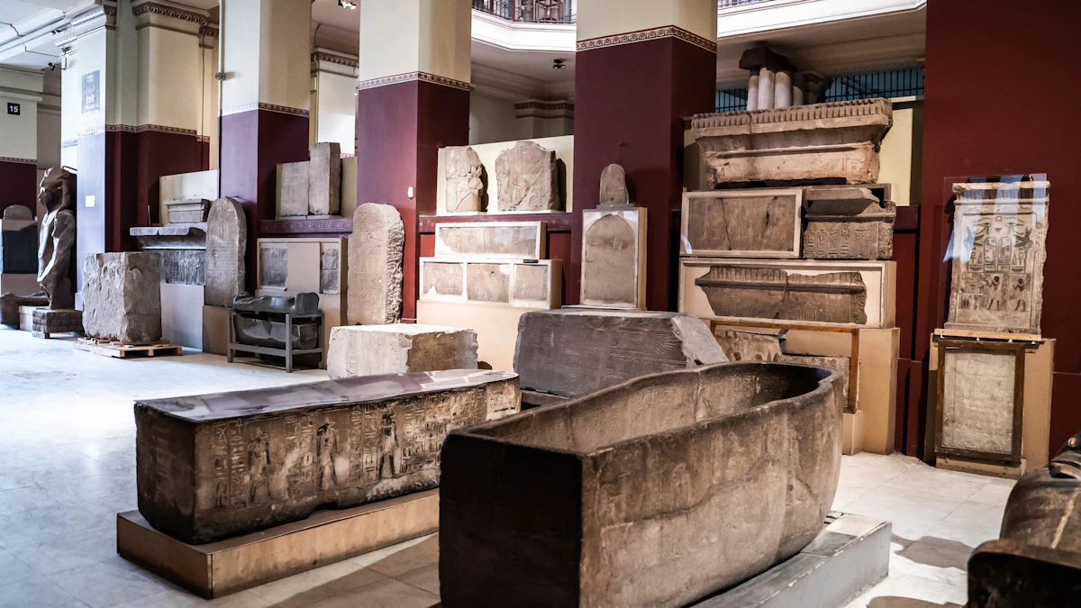 Ancient Egyptian artifacts on display inside the Grand Egyptian Museum