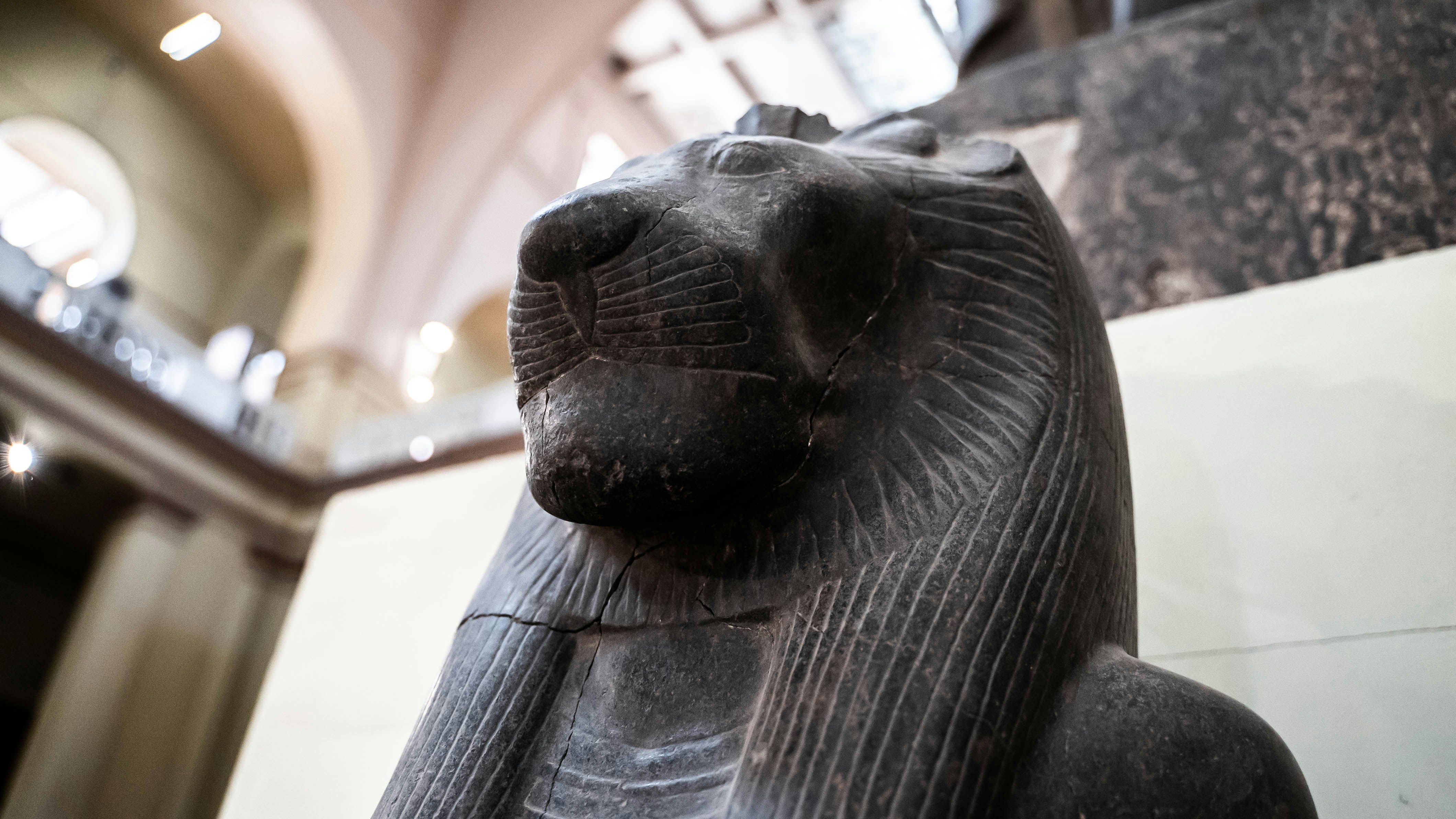 a statue of a lion in a museum, A statue on display in the Grand Egyptian Museum