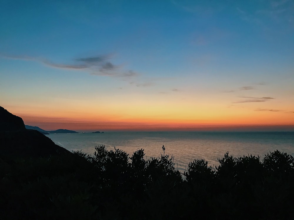 a view of the ocean at sunset from a hill