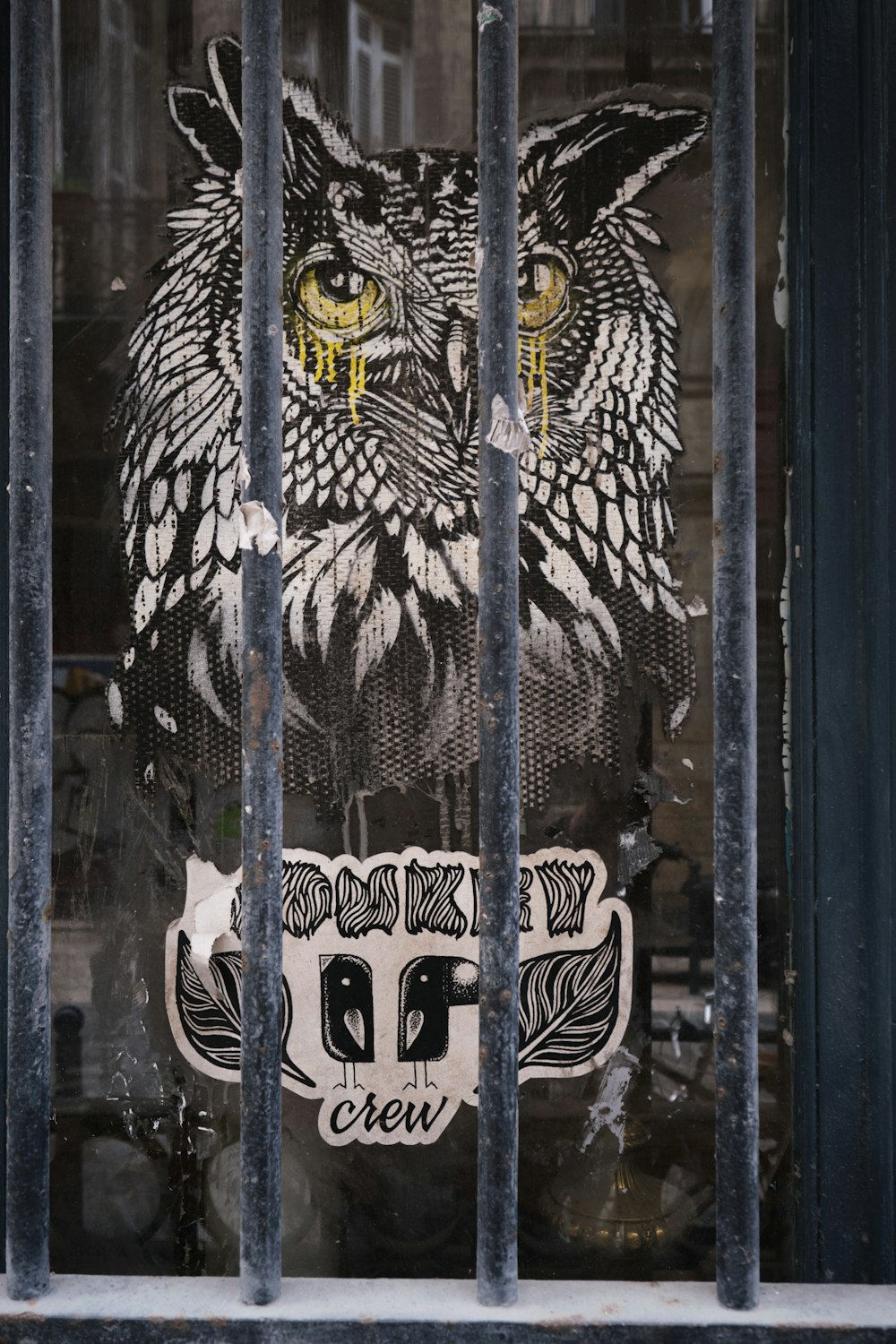a window with a picture of an owl behind bars