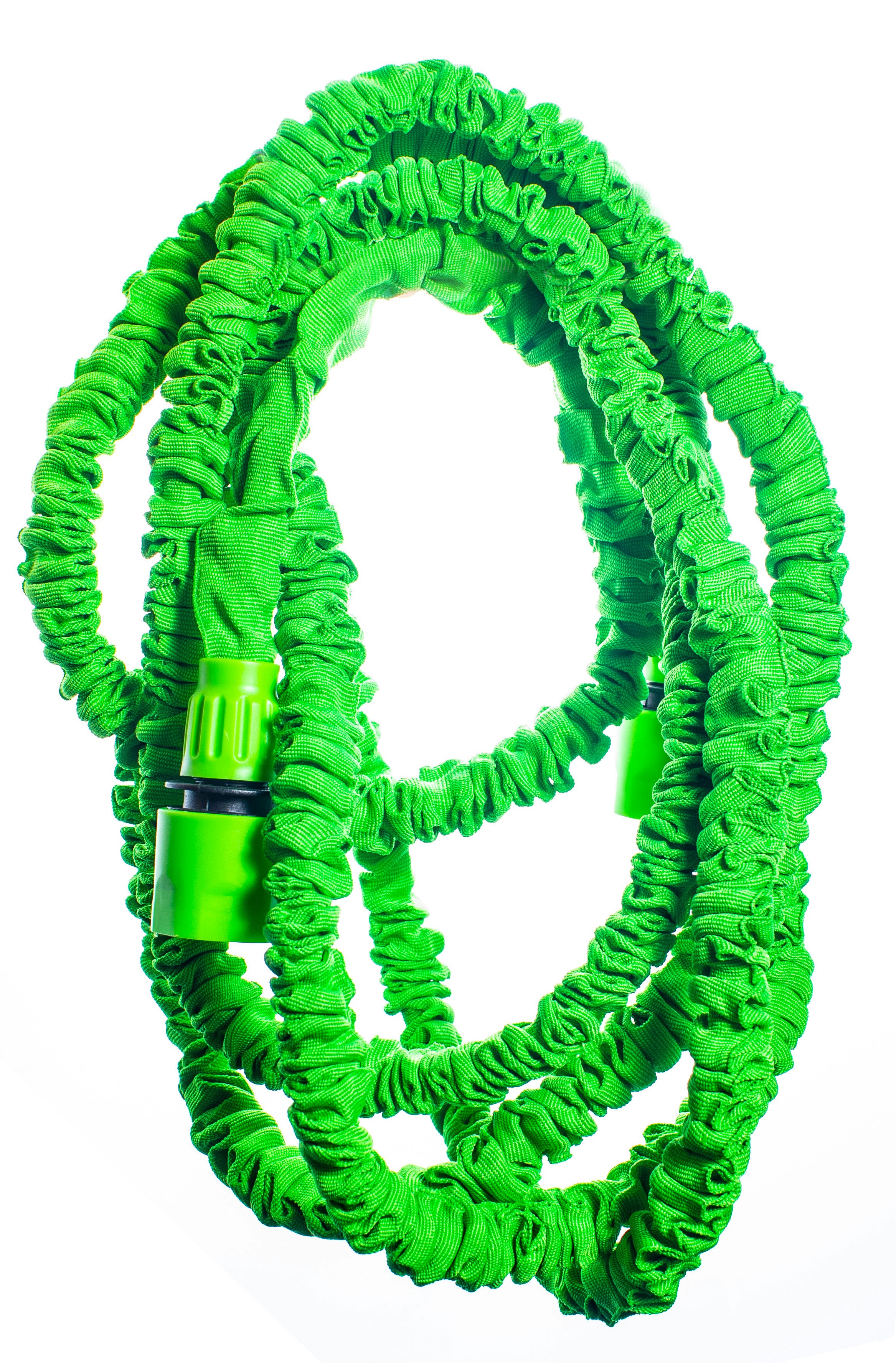 Green garden hose coiled neatly on bright white background, hose connectors visible