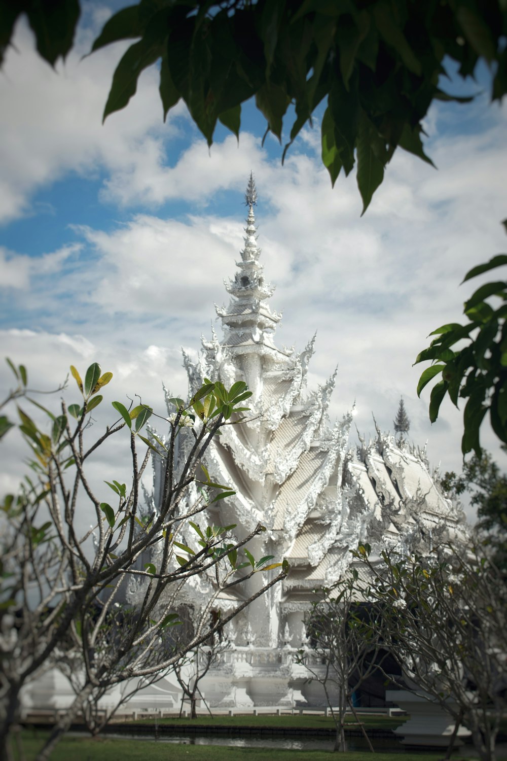 um edifício branco com uma árvore na frente dele