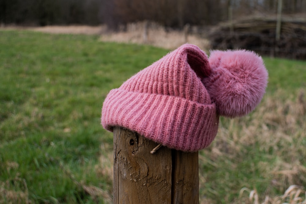 a pink knitted hat on a wooden post