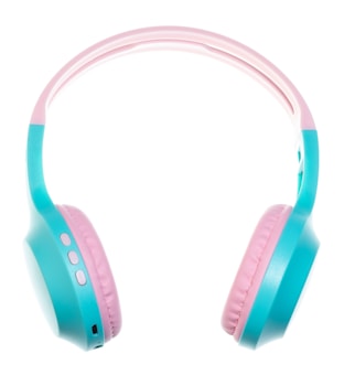 A pair of wireless headphones with a pastel color scheme, combining shades of turquoise and pink. The headphones feature cushioned earpads and appear to have buttons for controlling audio on the side.