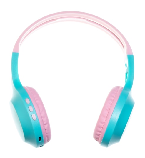 A pair of wireless headphones with a pastel color scheme, combining shades of turquoise and pink. The headphones feature cushioned earpads and appear to have buttons for controlling audio on the side.