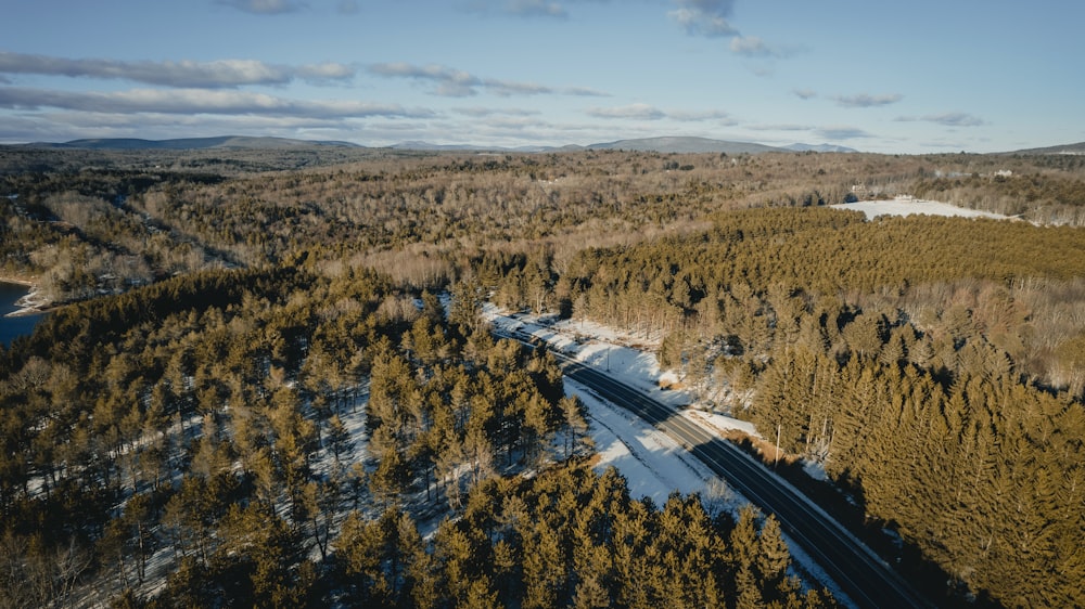 an aerial view of a road in the middle of a forest