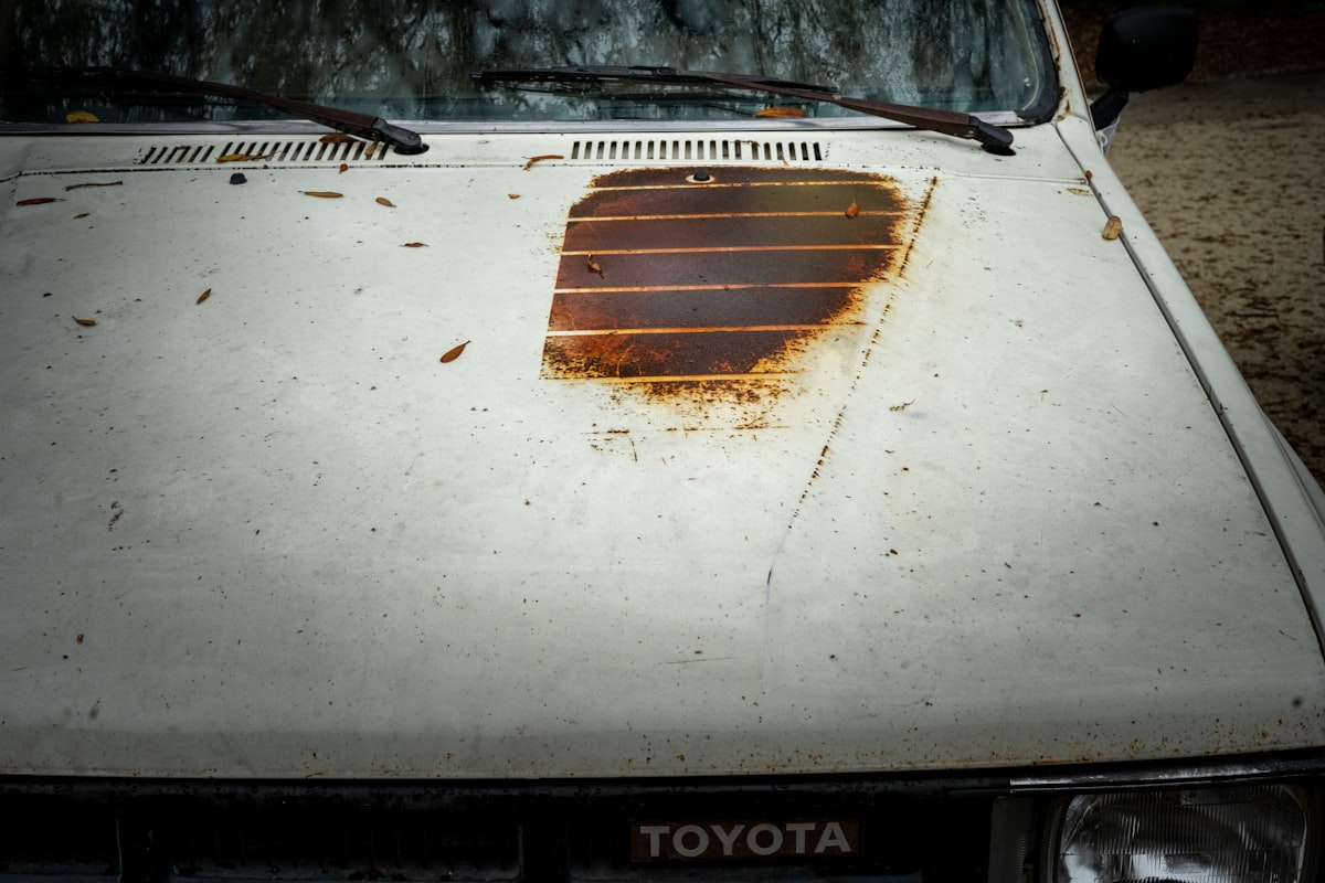Car with rust damage on hood showing effects of road salt corrosion from Chicago winters