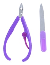 A pair of purple-handled nail clippers with a metallic cutting edge sits next to a nail file with a purple handle and a silver abrasive surface.
