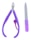 A pair of purple-handled nail clippers with a metallic cutting edge sits next to a nail file with a purple handle and a silver abrasive surface.