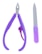 A pair of purple-handled nail clippers with a metallic cutting edge sits next to a nail file with a purple handle and a silver abrasive surface.