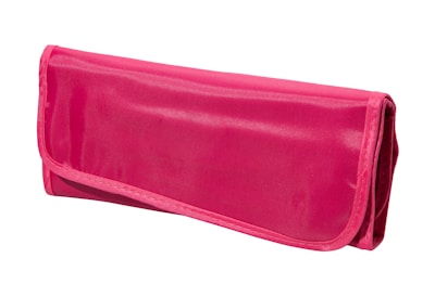 A bright pink fabric wallet with a tri-fold design and a soft sheen. The wallet is neatly stitched along the edges and appears to be made from a durable, lightweight material.