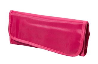 A bright pink fabric wallet with a tri-fold design and a soft sheen. The wallet is neatly stitched along the edges and appears to be made from a durable, lightweight material.