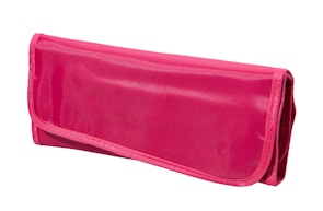 A close-up of a pink wallet with elegant stitching.