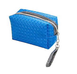 A blue textured pouch with a metal zipper and a detachable wrist strap is displayed against a plain background. The pouch features a repeating circular pattern design on its surface.