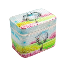 A rectangular, colorful box featuring a serene landscape design with a tree in a heart shape, surrounded by splashes of vibrant colors such as pink, green, and blue. The box has a reflective silver handle on top and a textured pattern on its surface.