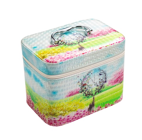 A rectangular, colorful box featuring a serene landscape design with a tree in a heart shape, surrounded by splashes of vibrant colors such as pink, green, and blue. The box has a reflective silver handle on top and a textured pattern on its surface.