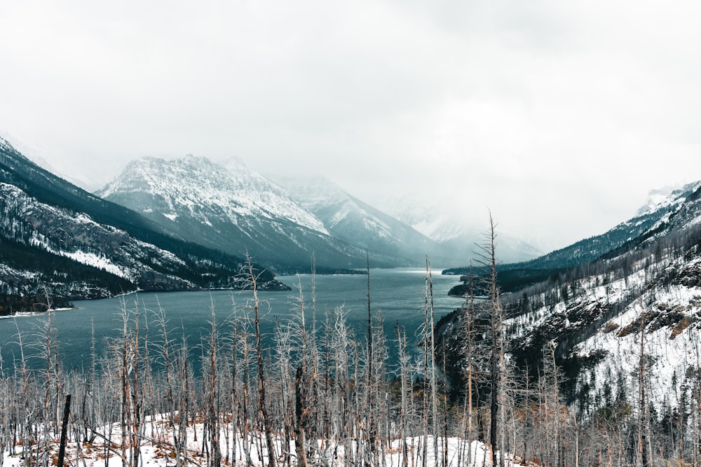 a lake surrounded by snow covered mountains and trees