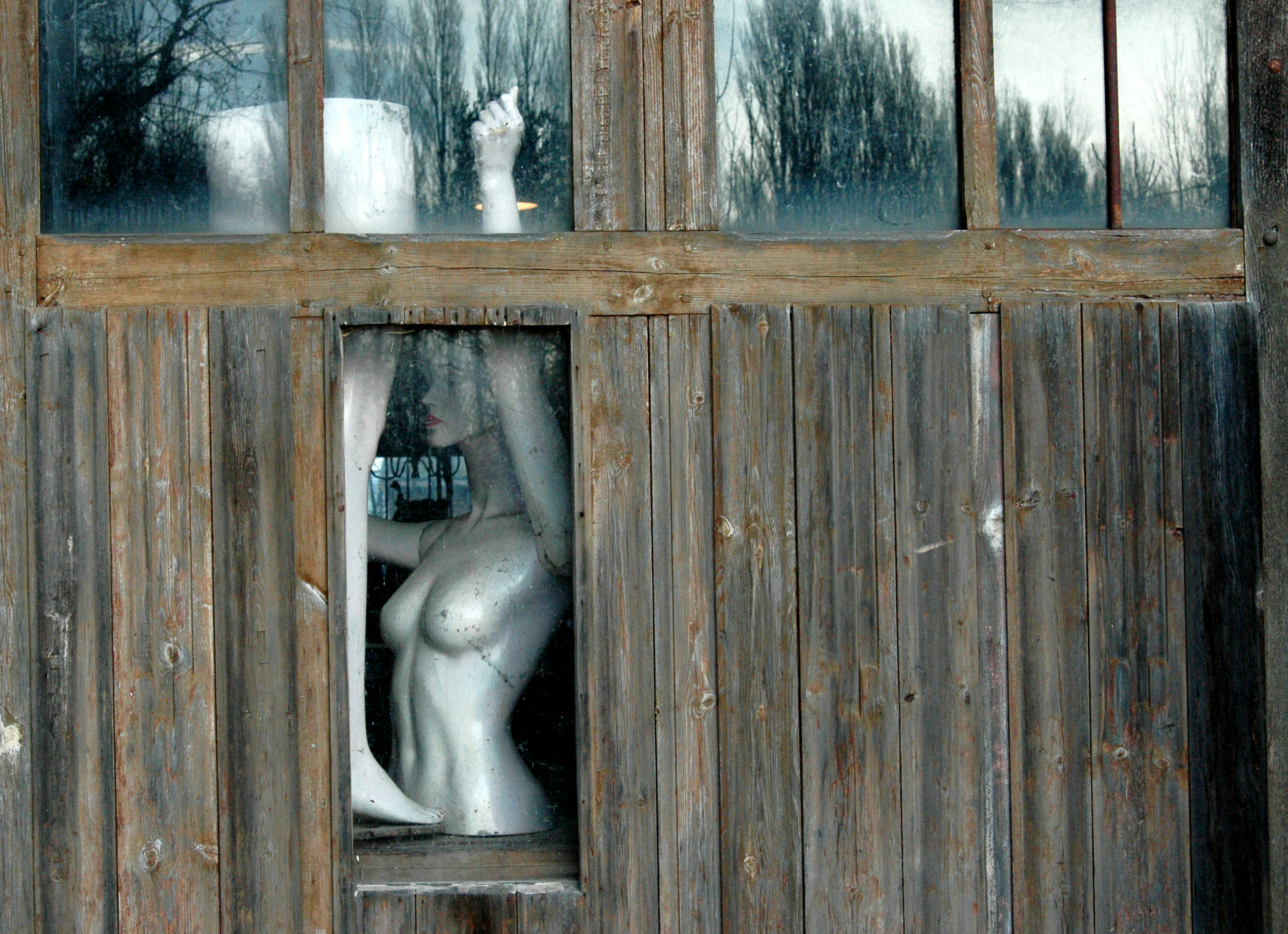 a statue of a naked man in a window