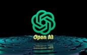 A stylized, green geometric logo resembling overlapping lines forms the central focus. Below the logo, the text 'Open AI' is displayed in a golden hue. The background features a pattern of concentric, reflective circles with a teal tint on a dark surface.