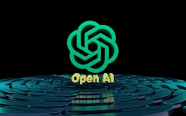 A stylized, green geometric logo resembling overlapping lines forms the central focus. Below the logo, the text 'Open AI' is displayed in a golden hue. The background features a pattern of concentric, reflective circles with a teal tint on a dark surface.