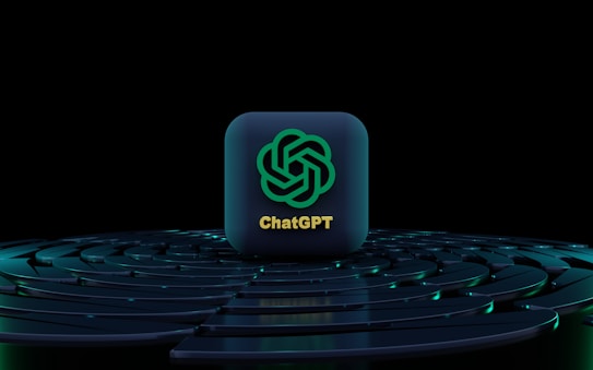 An icon with the logo of ChatGPT is placed at the center, standing out against a dark, futuristic, circular layered background with blue lighting accents.