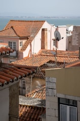 a view of rooftops with a body of water in the background