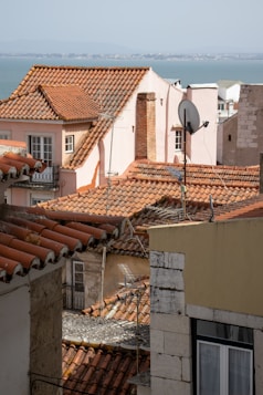 a view of rooftops with a body of water in the background