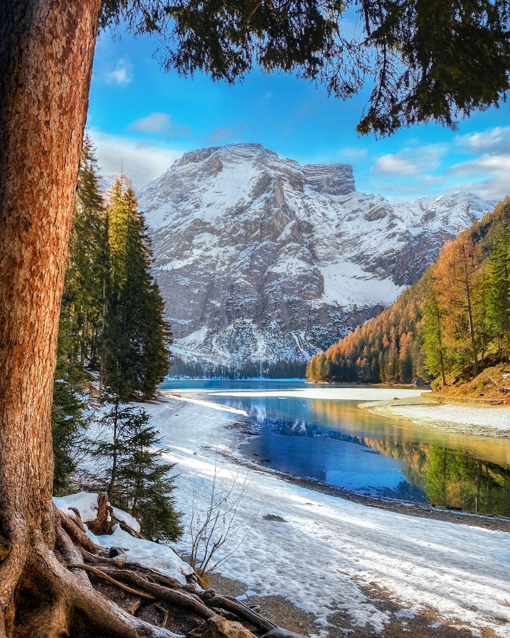 a lake surrounded by snow covered mountains and trees