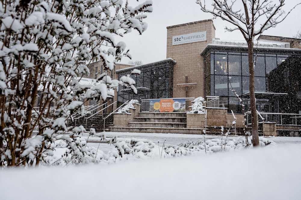 a building with snow on the ground and trees in front of it