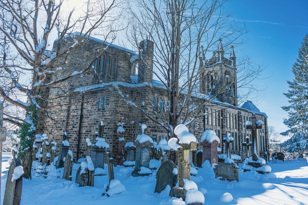 a church in the snow surrounded by trees