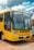 A yellow bus with the word 'TRANSITOLÂNDIA' displayed on the front is parked on a dirt surface. The bus has a distinct front design with large windows and visible windshield wipers. Part of a car is visible next to it. In the background, there are utility poles and buildings under a cloudy sky with patches of blue.