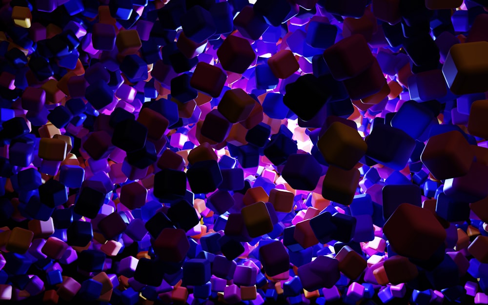 a bunch of purple cubes that are in the air
