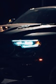 a close up of a police car in the dark