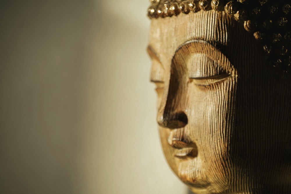 a close up of a buddha statue with its eyes closed