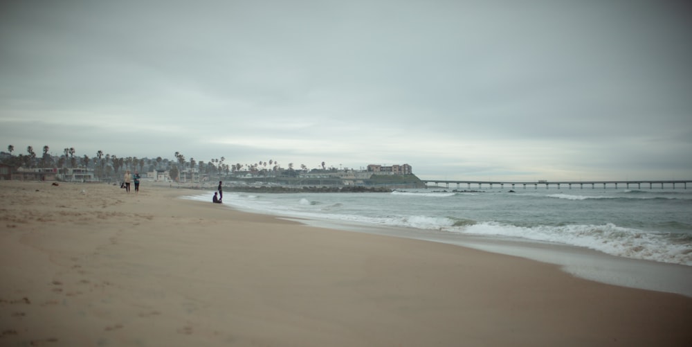 a sandy beach with a pier in the background