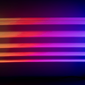 Horizontal neon lights in shades of purple, pink, and red create a vivid and futuristic visual effect against a dark background.