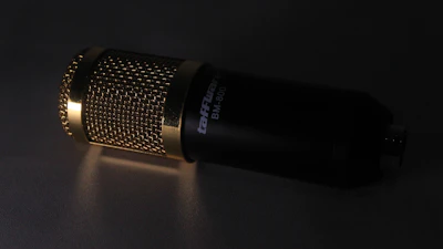An artistic close-up of a microphone with soft gold accents reflecting studio ambiance.