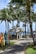 A tropical beach setting with tall palm trees surrounding a small thatched-roof hut labeled as a beach concierge. Multiple colorful surfboards are propped up along a path with 'Aloha' written on them. The ocean is visible in the background under a bright blue sky.