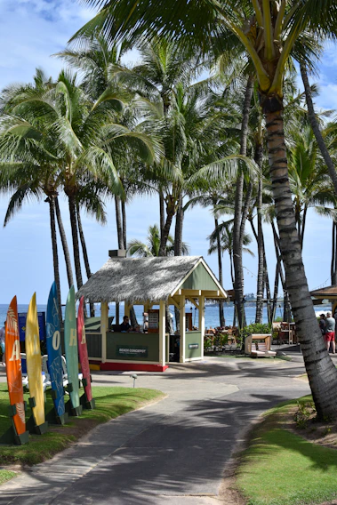 A vibrant 1970s style seaside concierge desk with colorful retro decor and palm trees in the background.