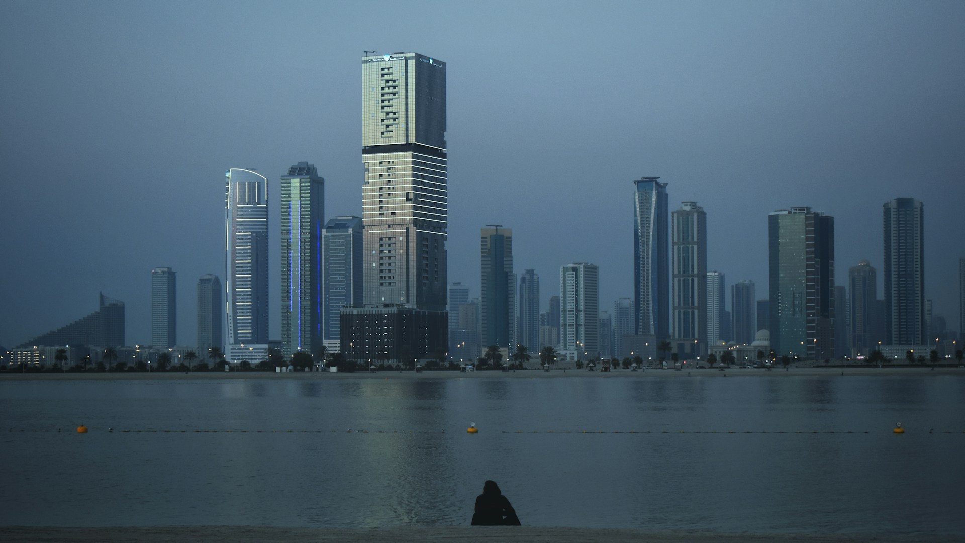 a large body of water with a city in the background