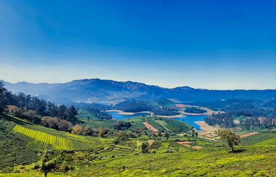 A vibrant landscape featuring lush, green rolling hills and fields surrounded by tall trees. A serene body of water reflects the blue sky, while distant mountains rise majestically on the horizon under a clear sky.