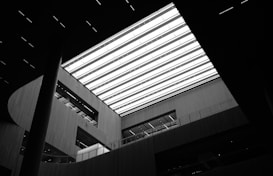 A high contrast black and white interior view showcasing a modern architectural design with a large rectangular skylight. The space features tall vertical columns and an array of horizontal lines created by slatted paneling. Geometric shapes and shadows play on the surfaces, adding depth and dimension.