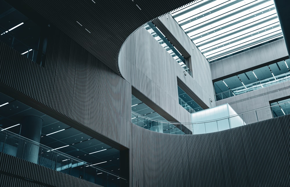 a building with a spiral staircase and a skylight