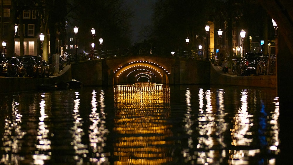 a bridge over a body of water at night