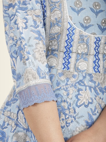 A close-up of intricate fabric detailing on a blouse.